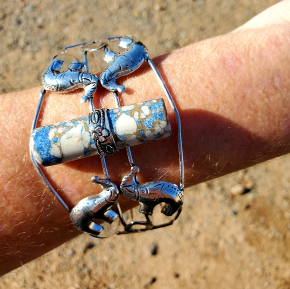 New Unique Cylinder Shaped Mosaic Jasper 925 Silver Bracelet. - Picture 3 of 12